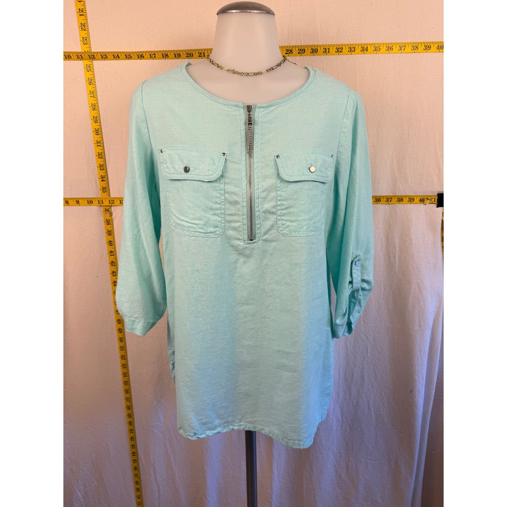 Emily Daniels Small Aqua Linen Blend Tunic Zip Roll Tab 3/4 Sleeve Relaxed Chic